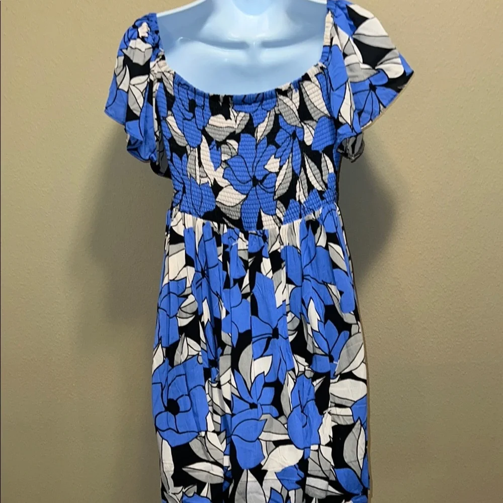Free People Women’s Blue & Black Smocked Bodice Ruffled Sleeve Mini Dress SZ S